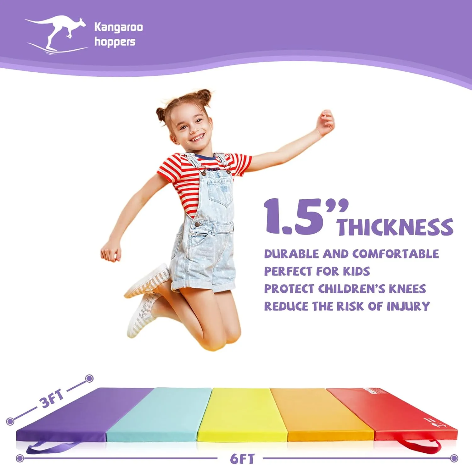 Kangaroo Hoppers Gymnastics Tumbling Mats for Kids, Foldable Gym Mat with Carrying Handles for Home Activity Play