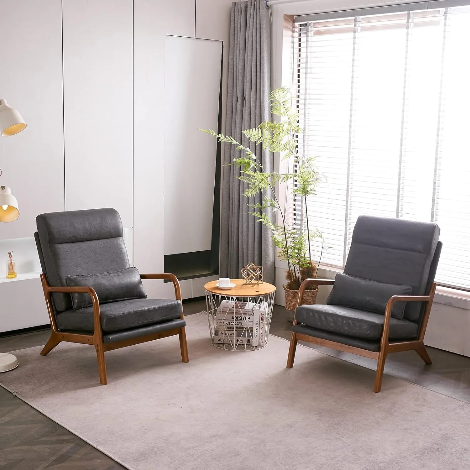 Karl home Accent Chair Mid-Century Modern Chair with Pillow High Back Bronzing Cloth Upholstered Lounge Arm Chair with Solid Wood Frame & Soft Cushion for Living Room, Bedroom, Balcony, Dark Gray