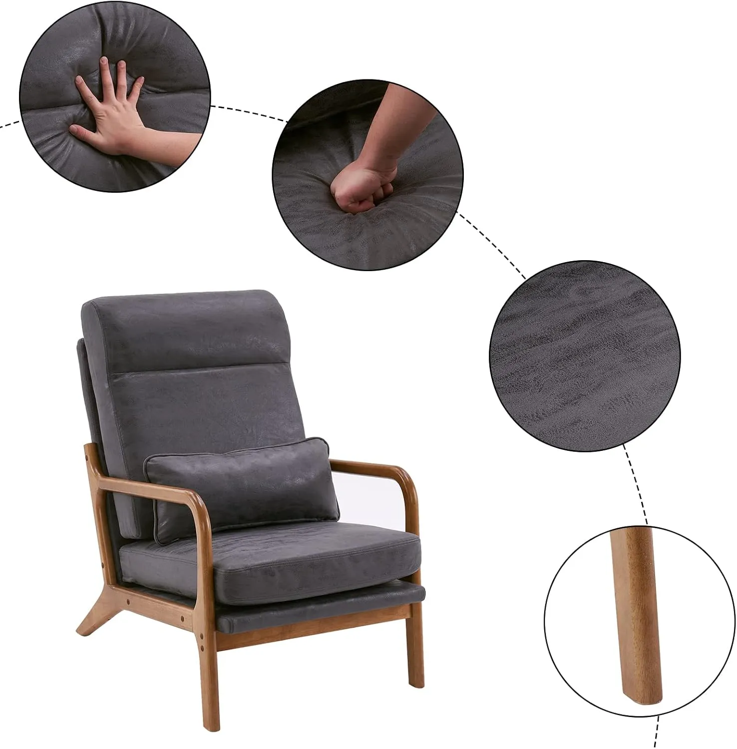 Karl home Accent Chair Mid-Century Modern Chair with Pillow High Back Bronzing Cloth Upholstered Lounge Arm Chair with Solid Wood Frame & Soft Cushion for Living Room, Bedroom, Balcony, Dark Gray