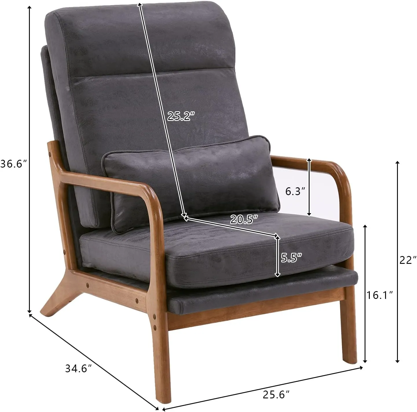 Karl home Accent Chair Mid-Century Modern Chair with Pillow High Back Bronzing Cloth Upholstered Lounge Arm Chair with Solid Wood Frame & Soft Cushion for Living Room, Bedroom, Balcony, Dark Gray