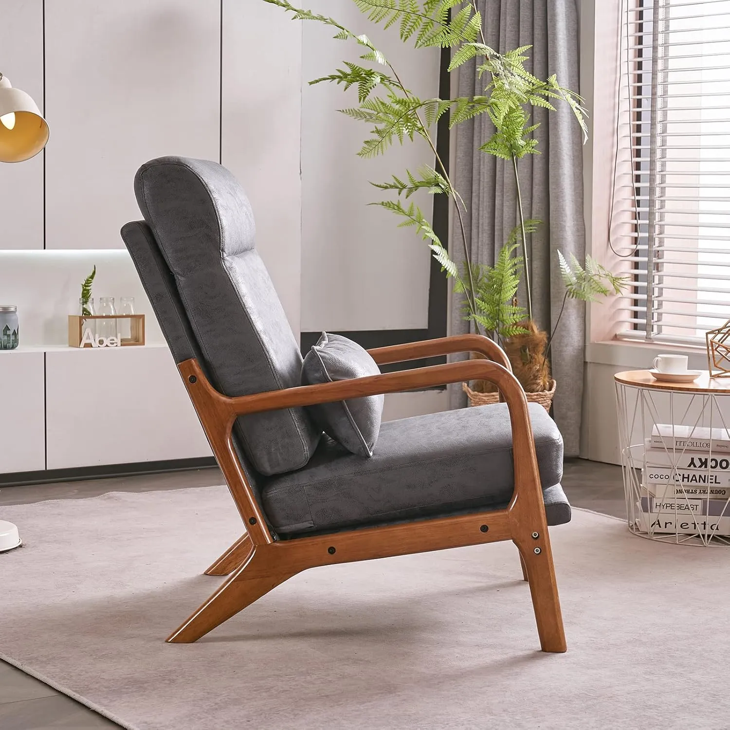 Karl home Accent Chair Mid-Century Modern Chair with Pillow High Back Bronzing Cloth Upholstered Lounge Arm Chair with Solid Wood Frame & Soft Cushion for Living Room, Bedroom, Balcony, Dark Gray