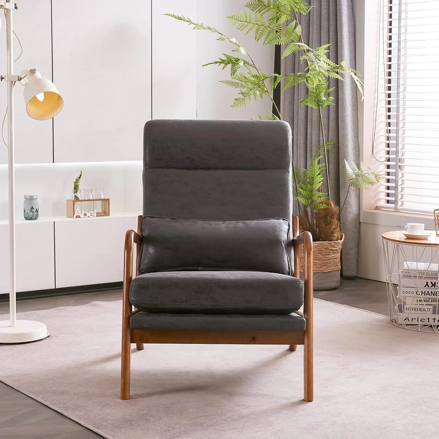Karl home Accent Chair Mid-Century Modern Chair with Pillow High Back Bronzing Cloth Upholstered Lounge Arm Chair with Solid Wood Frame & Soft Cushion for Living Room, Bedroom, Balcony, Dark Gray