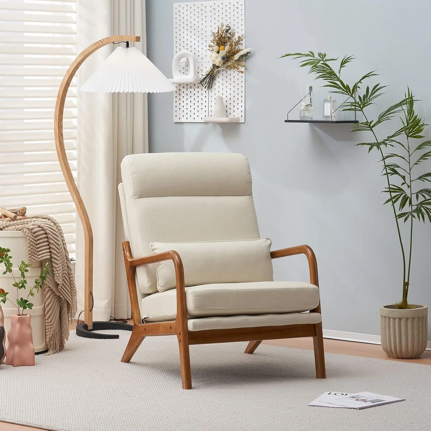 Karl home Accent Chair Mid-Century Modern Chair with Pillow High Back Line Fabric Upholstered Lounge Arm Chair with Solid Wood Frame & Soft Cushion for Living Room, Bedroom, Balcony, Beige