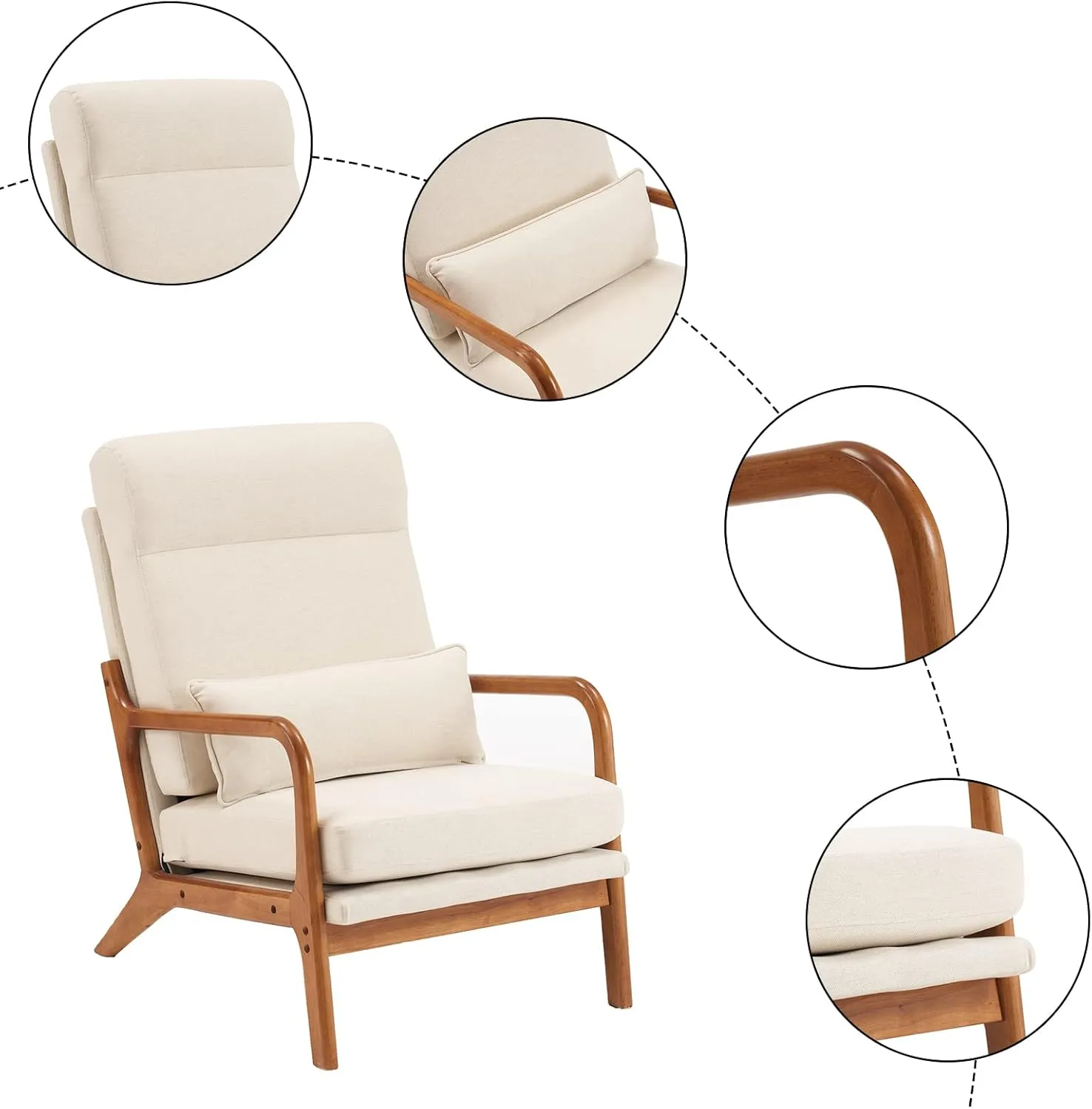 Karl home Accent Chair Mid-Century Modern Chair with Pillow High Back Line Fabric Upholstered Lounge Arm Chair with Solid Wood Frame & Soft Cushion for Living Room, Bedroom, Balcony, Beige