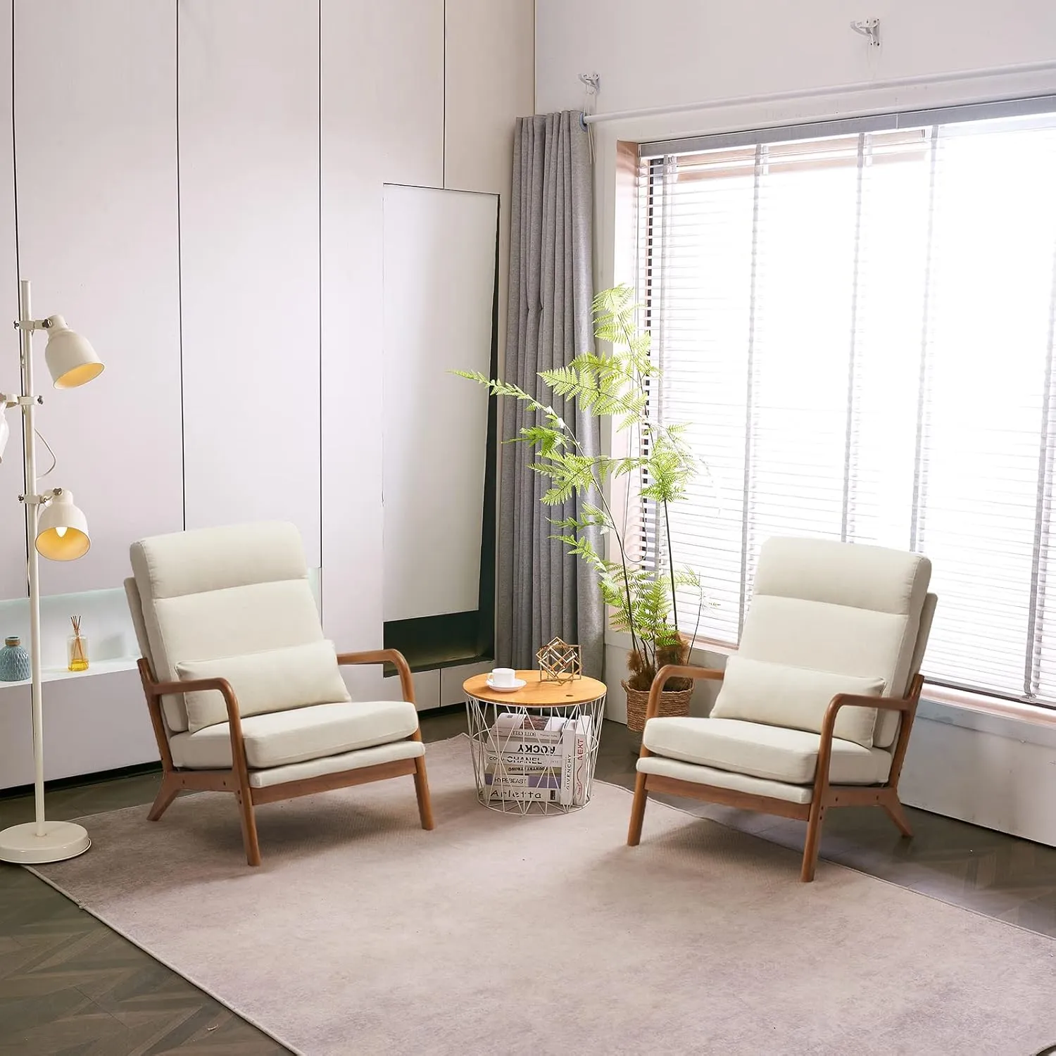 Karl home Accent Chair Mid-Century Modern Chair with Pillow High Back Line Fabric Upholstered Lounge Arm Chair with Solid Wood Frame & Soft Cushion for Living Room, Bedroom, Balcony, Beige