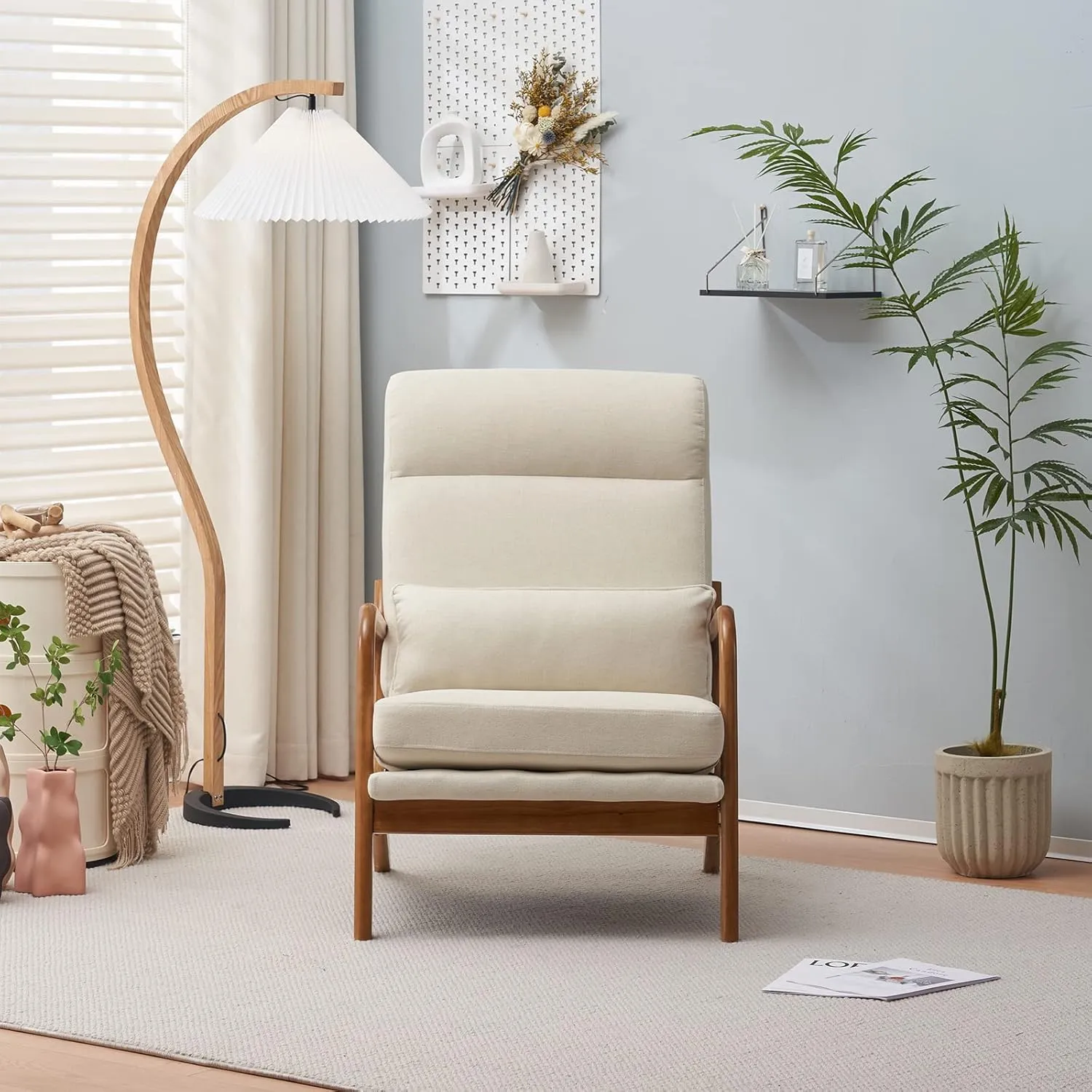 Karl home Accent Chair Mid-Century Modern Chair with Pillow High Back Line Fabric Upholstered Lounge Arm Chair with Solid Wood Frame & Soft Cushion for Living Room, Bedroom, Balcony, Beige