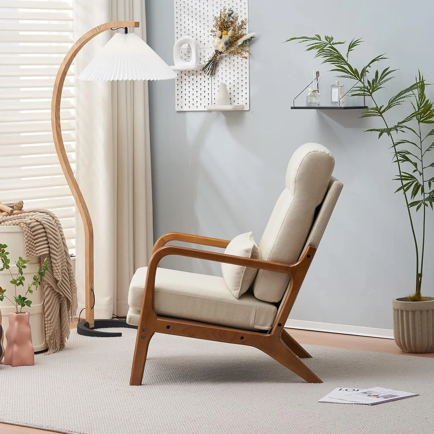 Karl home Accent Chair Mid-Century Modern Chair with Pillow High Back Line Fabric Upholstered Lounge Arm Chair with Solid Wood Frame & Soft Cushion for Living Room, Bedroom, Balcony, Beige