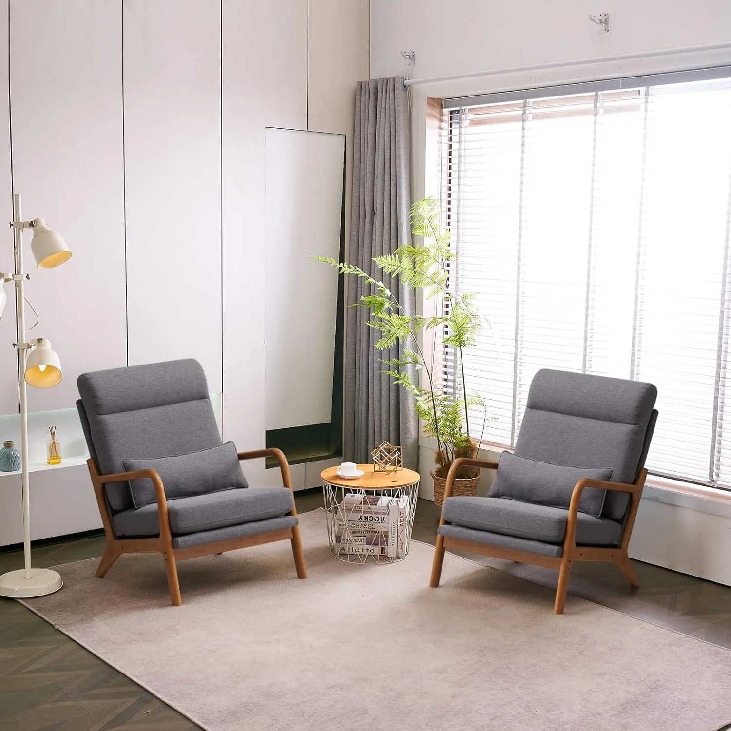 Karl home Accent Chair Mid-Century Modern Chair with Pillow High Back Linen Fabric Upholstered Lounge Arm Chair with Solid Wood Frame & Soft Cushion for Living Room, Bedroom, Balcony, Gray