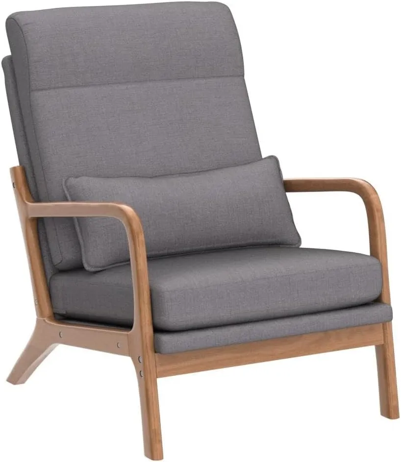 Karl home Accent Chair Mid-Century Modern Chair with Pillow High Back Linen Fabric Upholstered Lounge Arm Chair with Solid Wood Frame & Soft Cushion for Living Room, Bedroom, Balcony, Gray