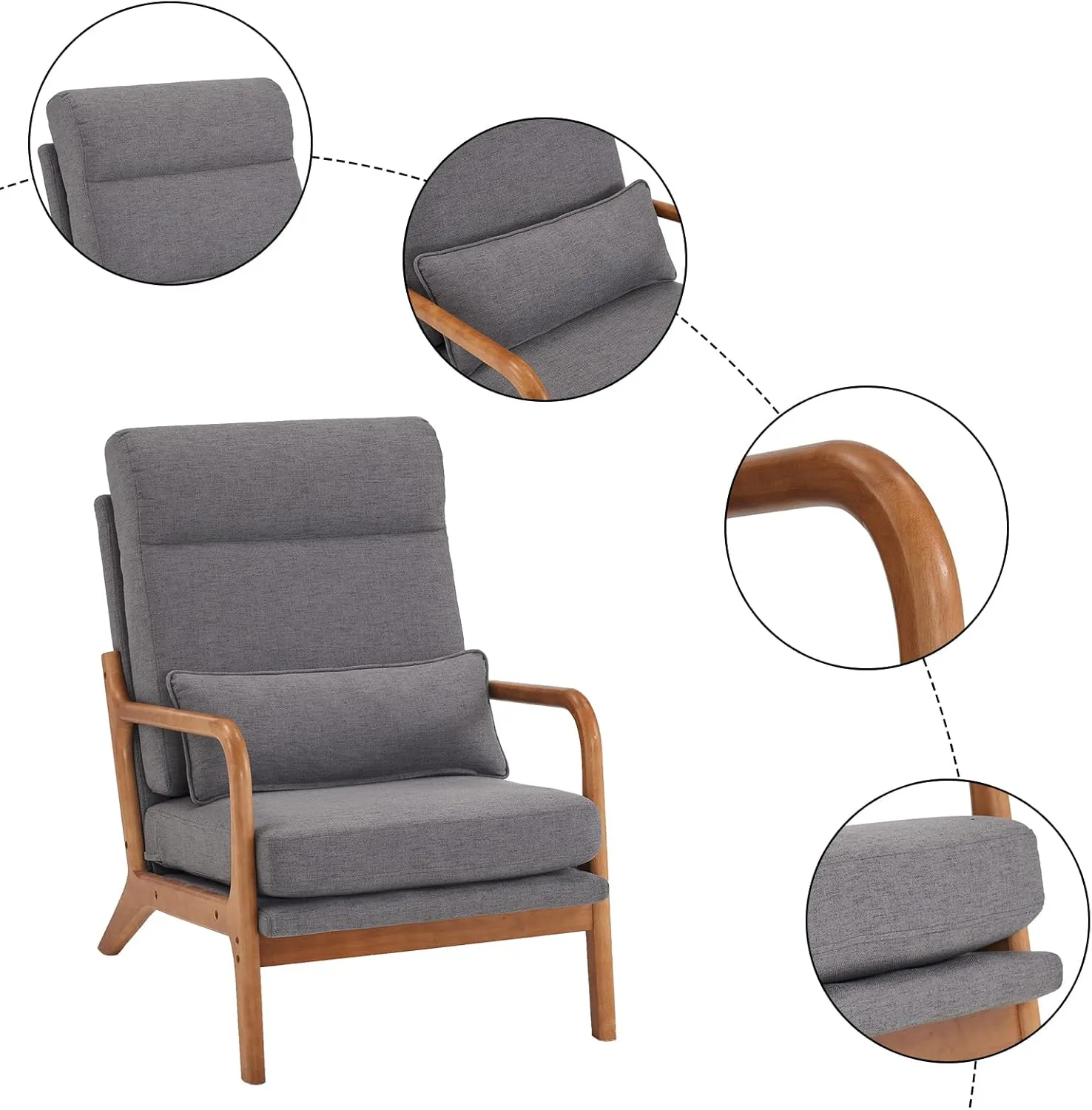 Karl home Accent Chair Mid-Century Modern Chair with Pillow High Back Linen Fabric Upholstered Lounge Arm Chair with Solid Wood Frame & Soft Cushion for Living Room, Bedroom, Balcony, Gray