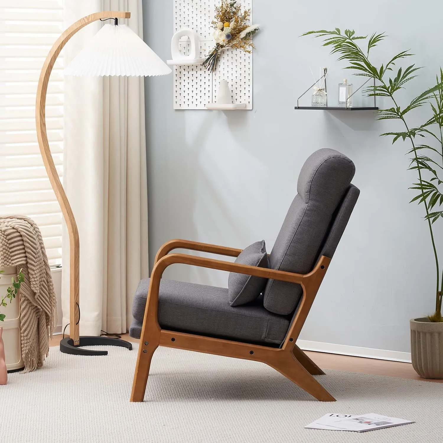 Karl home Accent Chair Mid-Century Modern Chair with Pillow High Back Linen Fabric Upholstered Lounge Arm Chair with Solid Wood Frame & Soft Cushion for Living Room, Bedroom, Balcony, Gray