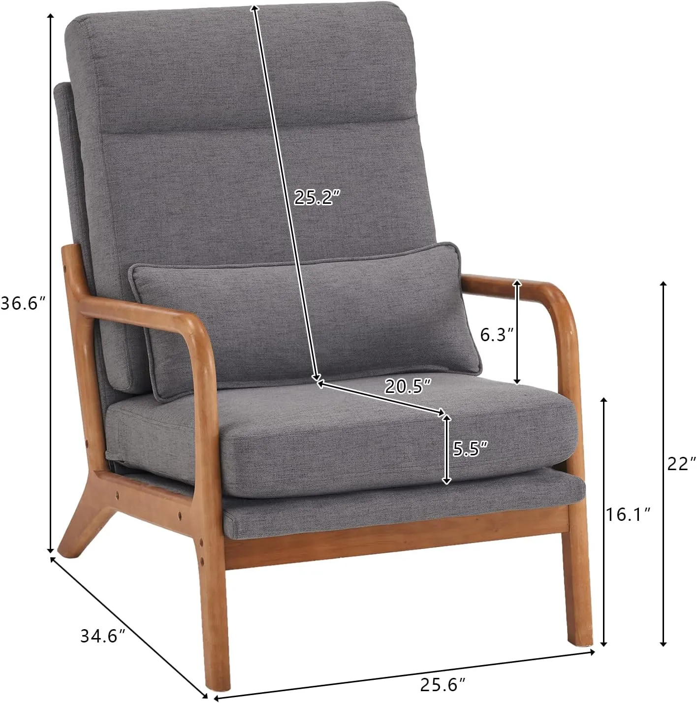 Karl home Accent Chair Mid-Century Modern Chair with Pillow High Back Linen Fabric Upholstered Lounge Arm Chair with Solid Wood Frame & Soft Cushion for Living Room, Bedroom, Balcony, Gray