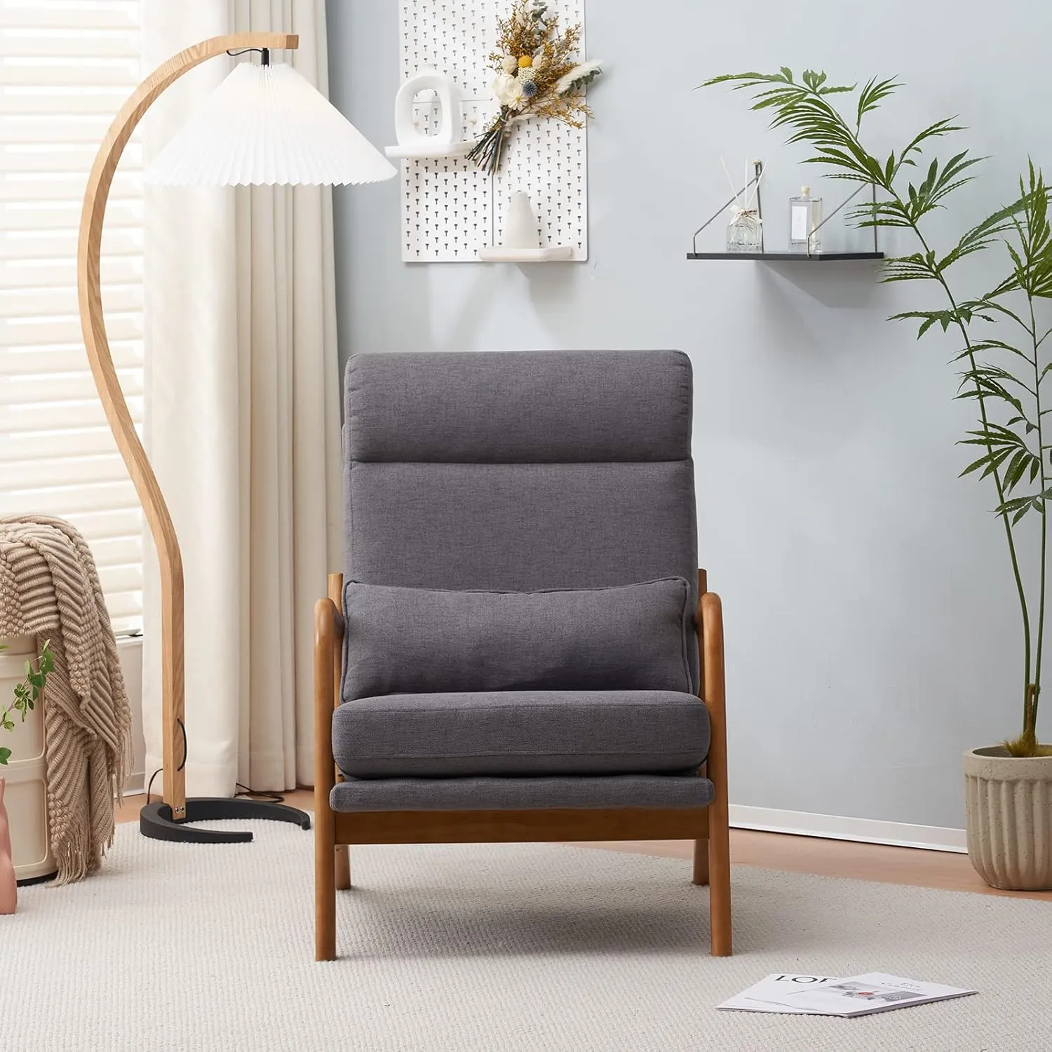 Karl home Accent Chair Mid-Century Modern Chair with Pillow High Back Linen Fabric Upholstered Lounge Arm Chair with Solid Wood Frame & Soft Cushion for Living Room, Bedroom, Balcony, Gray