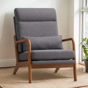 Karl home Accent Chair Mid-Century Modern Chair with Pillow High Back Linen Fabric Upholstered Lounge Arm Chair with Solid Wood Frame & Soft Cushion for Living Room, Bedroom, Balcony, Gray