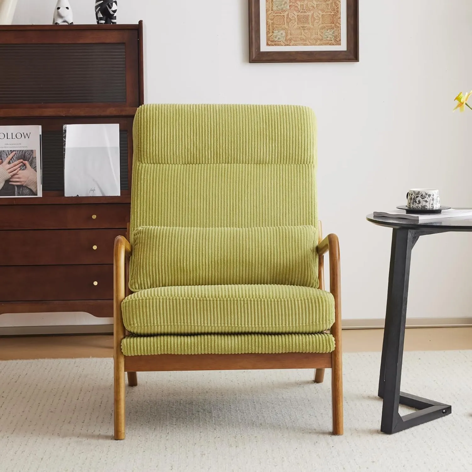 Karl home Mid-Century Modern Accent Chair, Living Room Chairs with Pillow High Back Corduroy Upholstered Lounge Armchair with Solid Wood Frame & Soft Cushion for Bedroom, Reading Room, Green