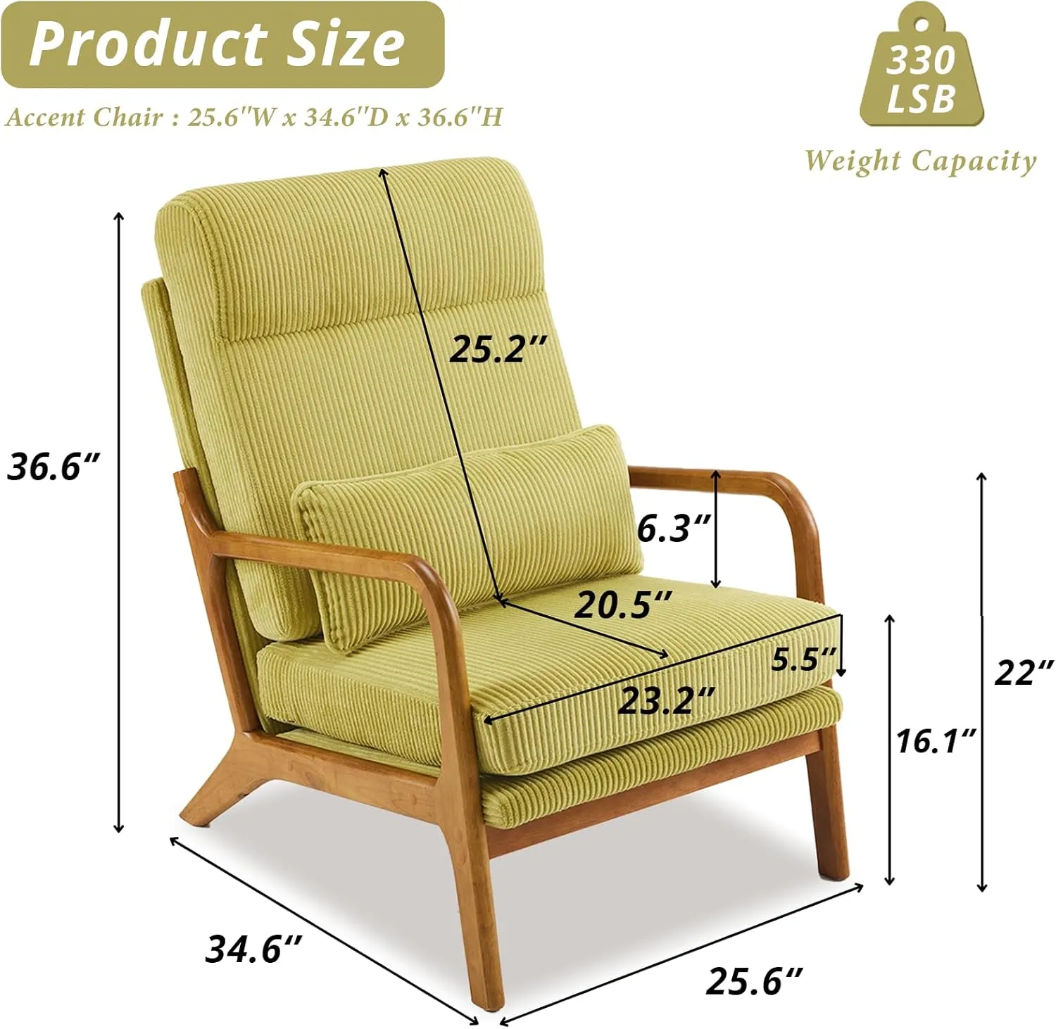 Karl home Mid-Century Modern Accent Chair, Living Room Chairs with Pillow High Back Corduroy Upholstered Lounge Armchair with Solid Wood Frame & Soft Cushion for Bedroom, Reading Room, Green