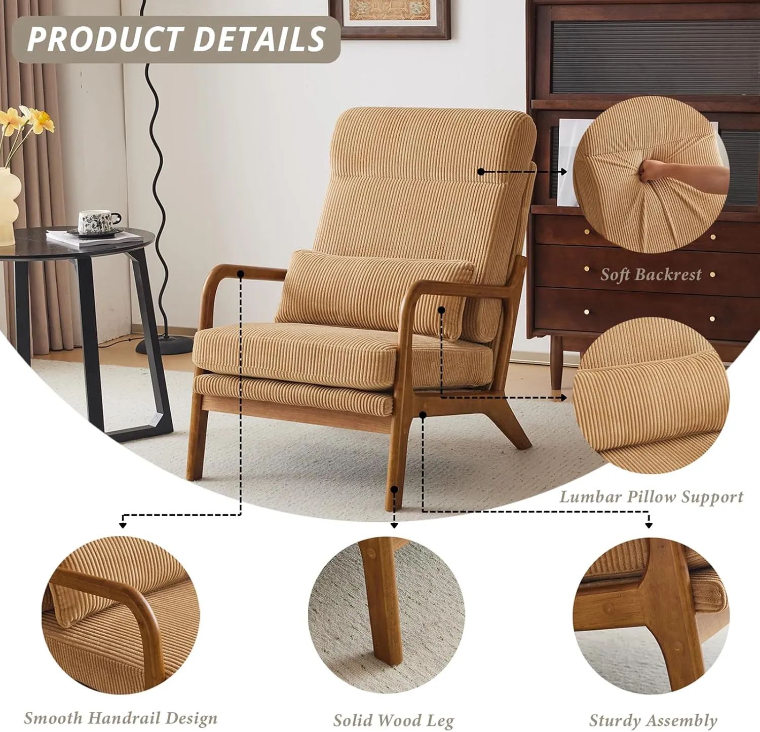 Karl home Mid-Century Modern Accent Chair, Living Room Chairs with Pillow High Back Corduroy Upholstered Lounge Armchair with Solid Wood Frame & Soft Cushion for Bedroom, Reading Room, Khaki