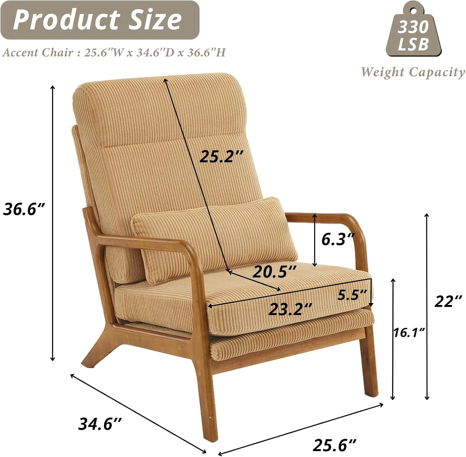 Karl home Mid-Century Modern Accent Chair, Living Room Chairs with Pillow High Back Corduroy Upholstered Lounge Armchair with Solid Wood Frame & Soft Cushion for Bedroom, Reading Room, Khaki