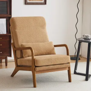 Karl home Mid-Century Modern Accent Chair, Living Room Chairs with Pillow High Back Corduroy Upholstered Lounge Armchair with Solid Wood Frame & Soft Cushion for Bedroom, Reading Room, Khaki