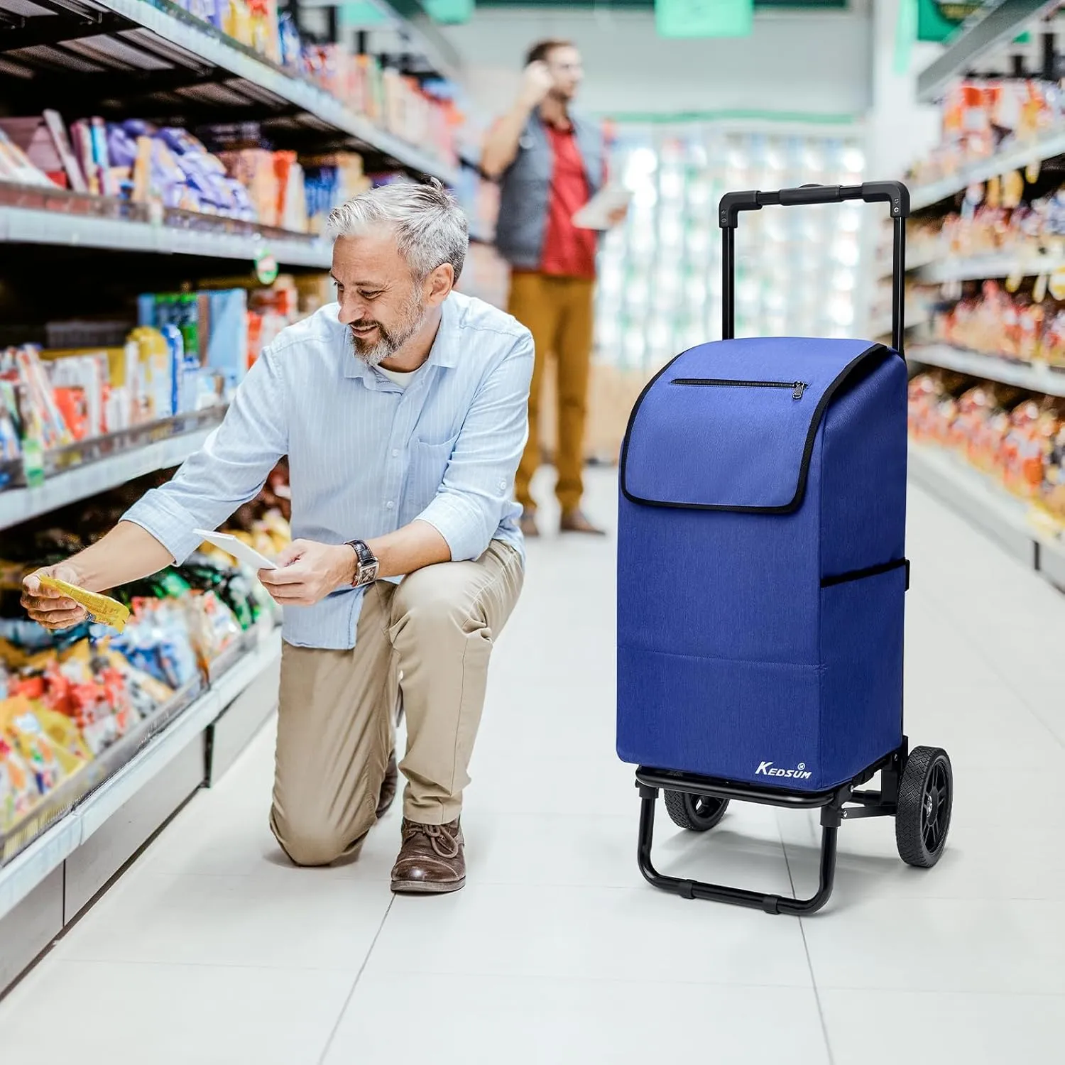 KEDSUM 2 in 1 Shopping Cart for Groceries, 330 lbs Grocery Cart on Wheels, Foldable Utility Carts with Wheels, Load-Bearing Hand Truck with Blue Waterproof Bag for Shopping, Camping, Laundry, Garden