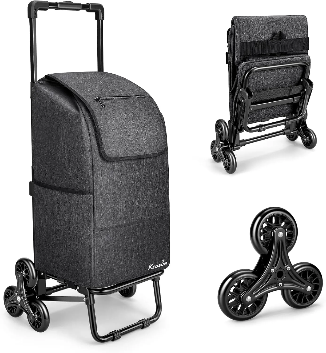 KEDSUM 2 in 1 Stair Climber Cart, 60L/300LBS Grocery Cart on Wheels for Stairs, Shopping Carts for Groceries with Removable Black Waterproof Bag, Heavy Duty Dolly Carts for Stairs