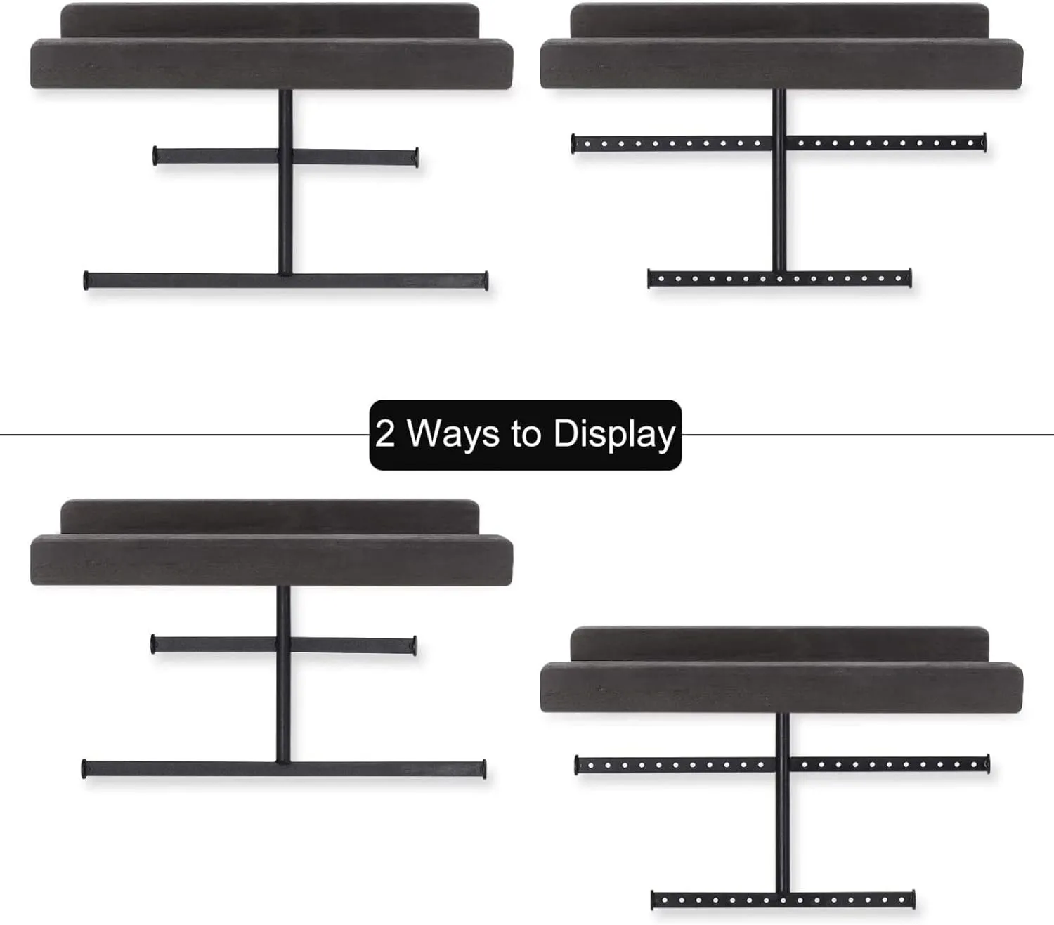 Keebofly Hanging Wall Mounted Jewelry Organizer with Rustic Wood Jewelry Holder Display for Necklaces Bracelet Earrings Ring Set of 2 Black,[Patented]