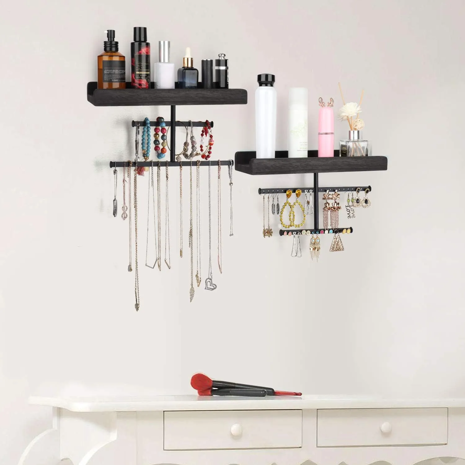 Keebofly Hanging Wall Mounted Jewelry Organizer with Rustic Wood Jewelry Holder Display for Necklaces Bracelet Earrings Ring Set of 2 Black,[Patented]