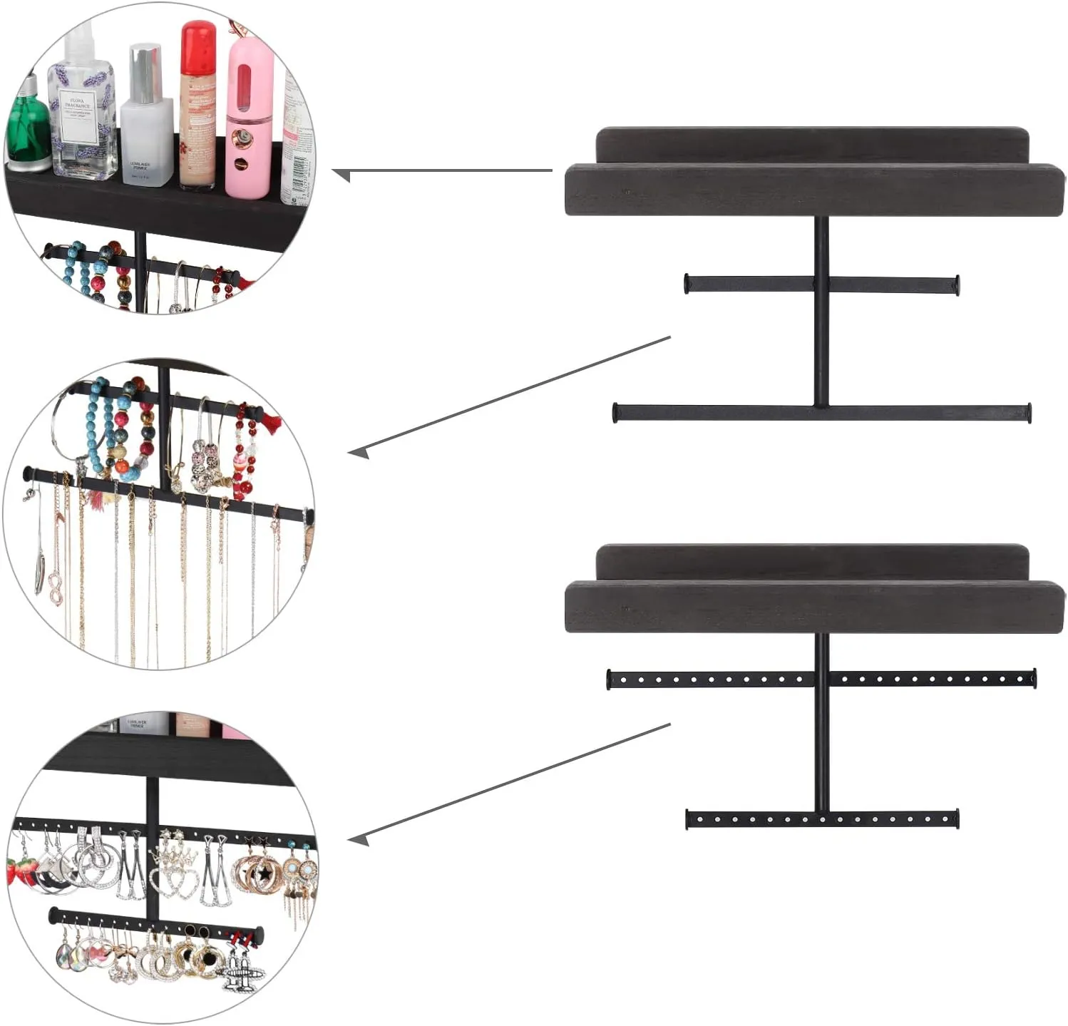 Keebofly Hanging Wall Mounted Jewelry Organizer with Rustic Wood Jewelry Holder Display for Necklaces Bracelet Earrings Ring Set of 2 Black,[Patented]