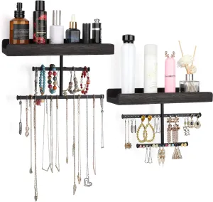 Keebofly Hanging Wall Mounted Jewelry Organizer with Rustic Wood Jewelry Holder Display for Necklaces Bracelet Earrings Ring Set of 2 Black,[Patented]