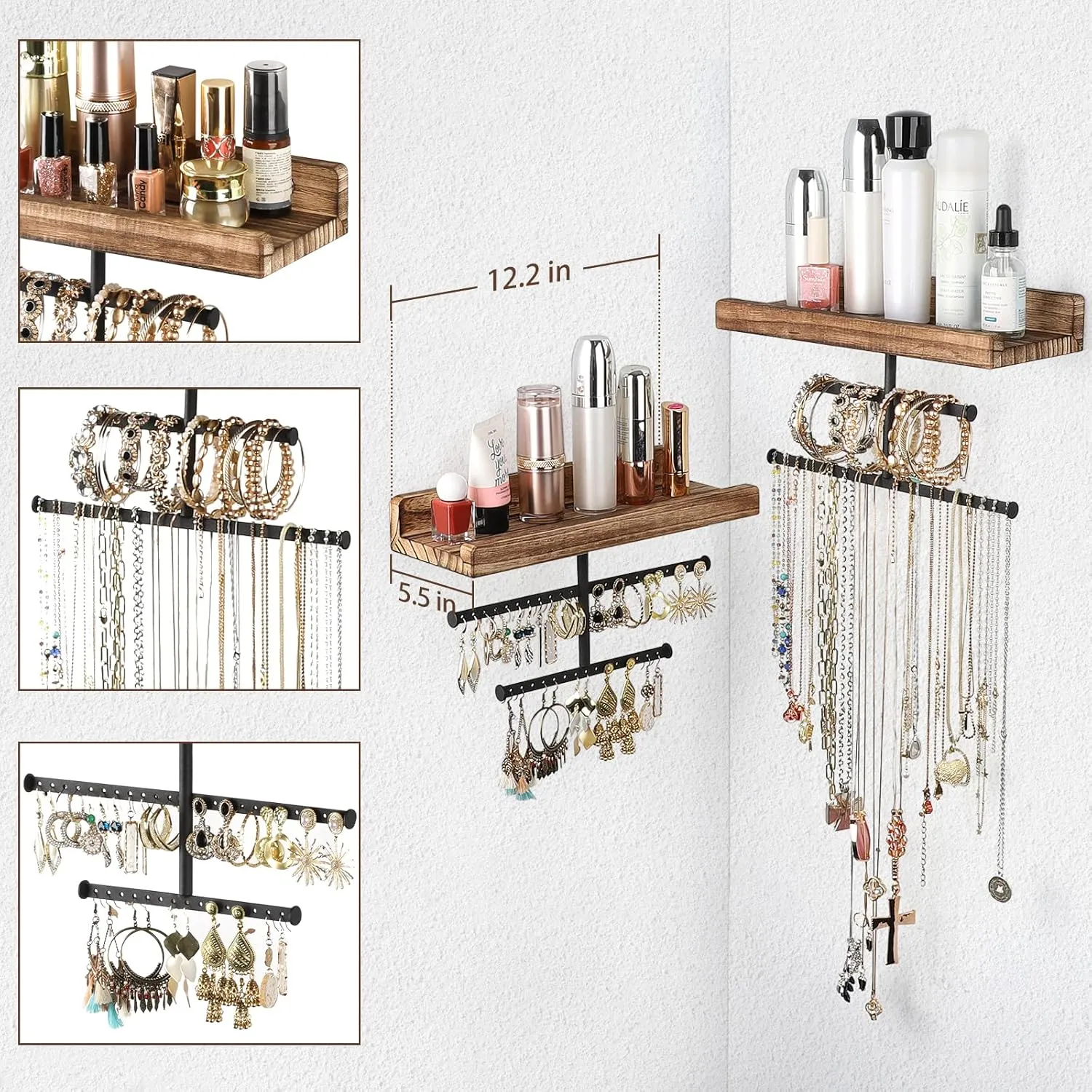 Keebofly Hanging Wall Mounted Jewelry Organizer with Rustic Wood Jewelry Holder Display for Necklaces Bracelet Earrings Ring Set of 2 Carbonized Black,[Patented]