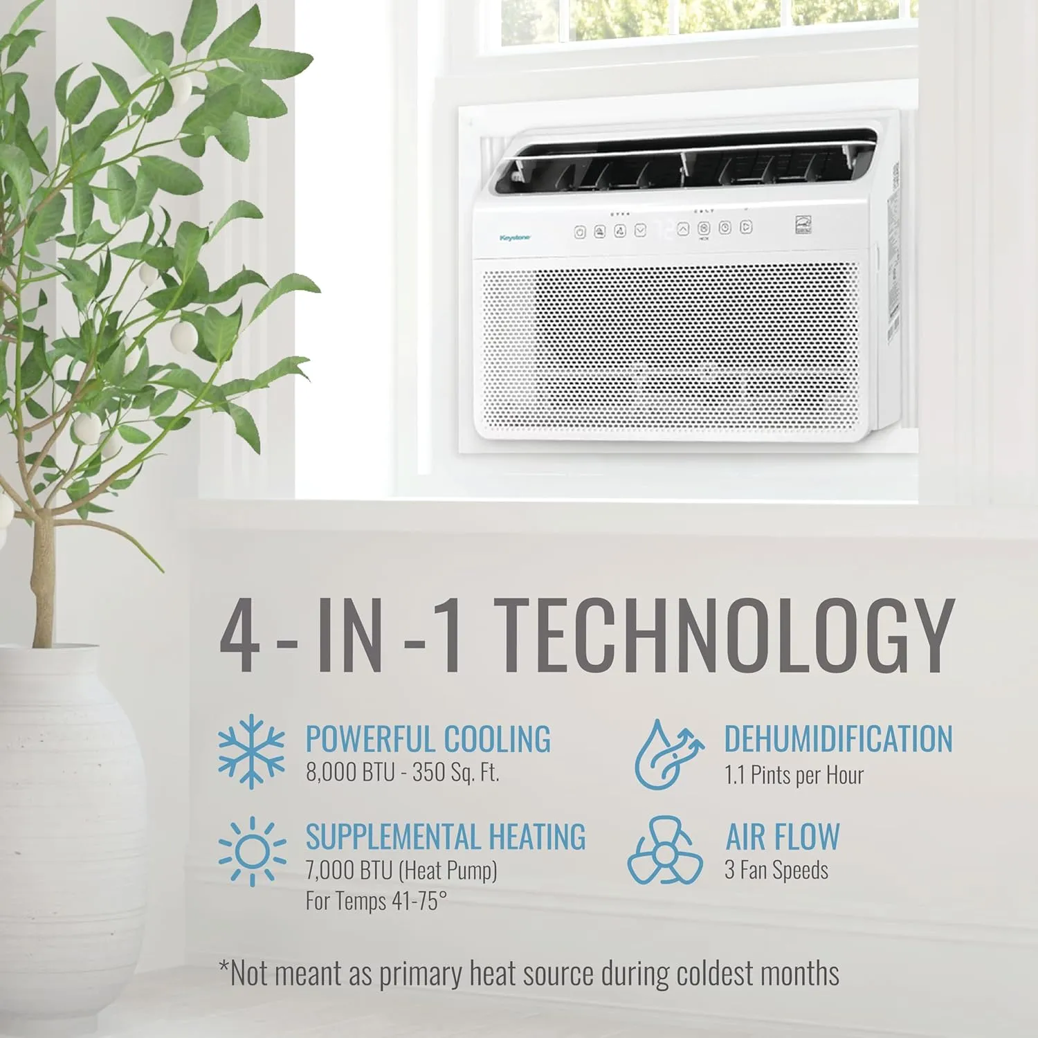Keystone 8,000 BTU Window Inverter Air Conditioner with Supplemental Heat, 115V, AC for Apartment and Medium Rooms up to 350-Sq. Ft., Quiet, High Efficiency, Energy Star Window AC Unit with Remote