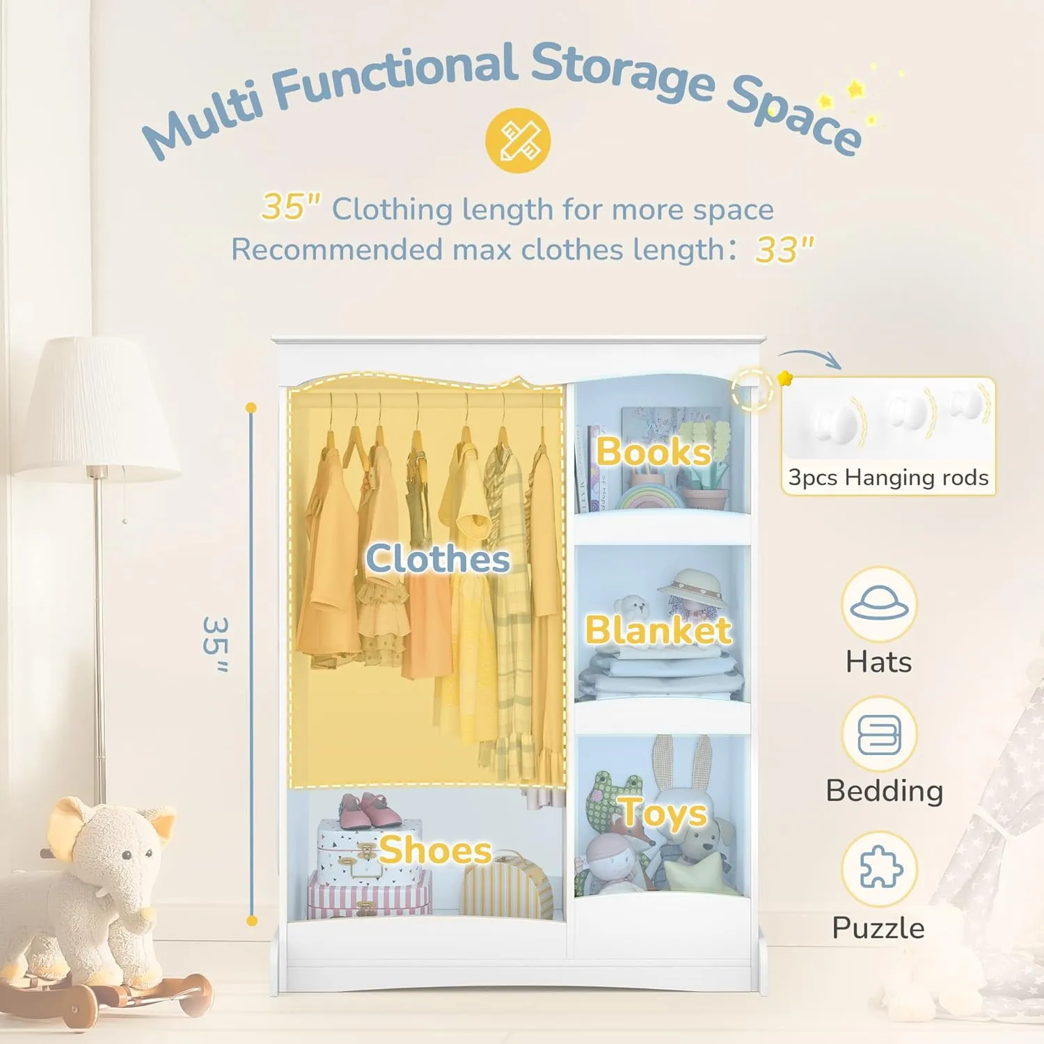 Kids Dress Up Storage with Flower Mirror, Open Hanging Closet Wardrobe for Children, Kids Armoire & Costume Organizer for Bedroom Playroom,White
