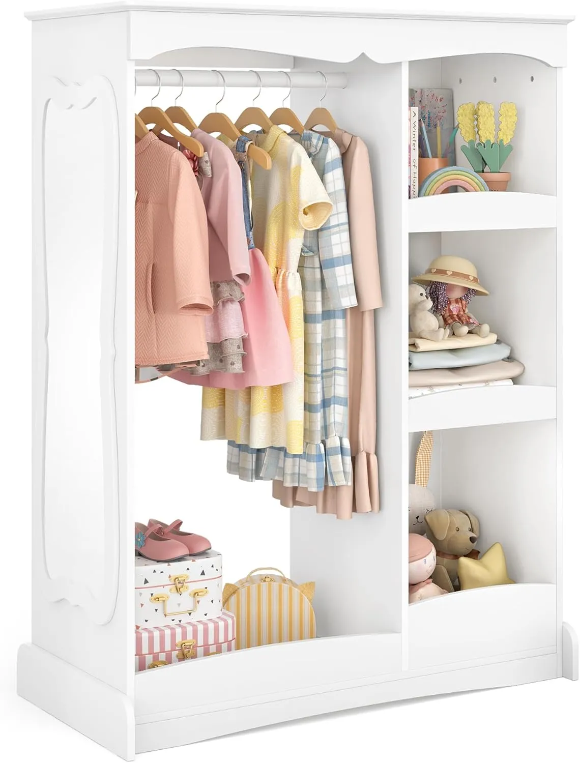 Kids Dress Up Storage with Flower Mirror, Open Hanging Closet Wardrobe for Children, Kids Armoire & Costume Organizer for Bedroom Playroom,White