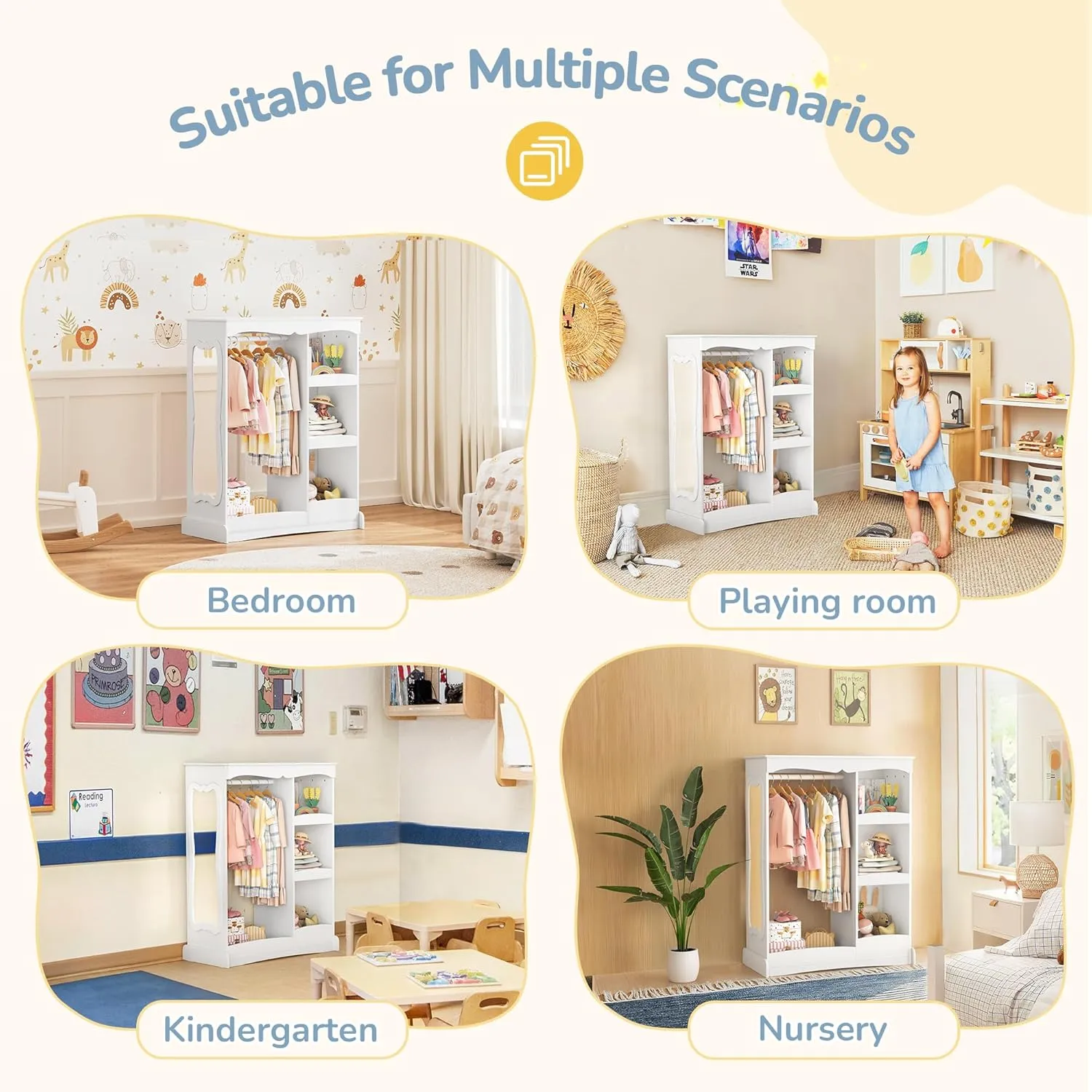 Kids Dress Up Storage with Flower Mirror, Open Hanging Closet Wardrobe for Children, Kids Armoire & Costume Organizer for Bedroom Playroom,White