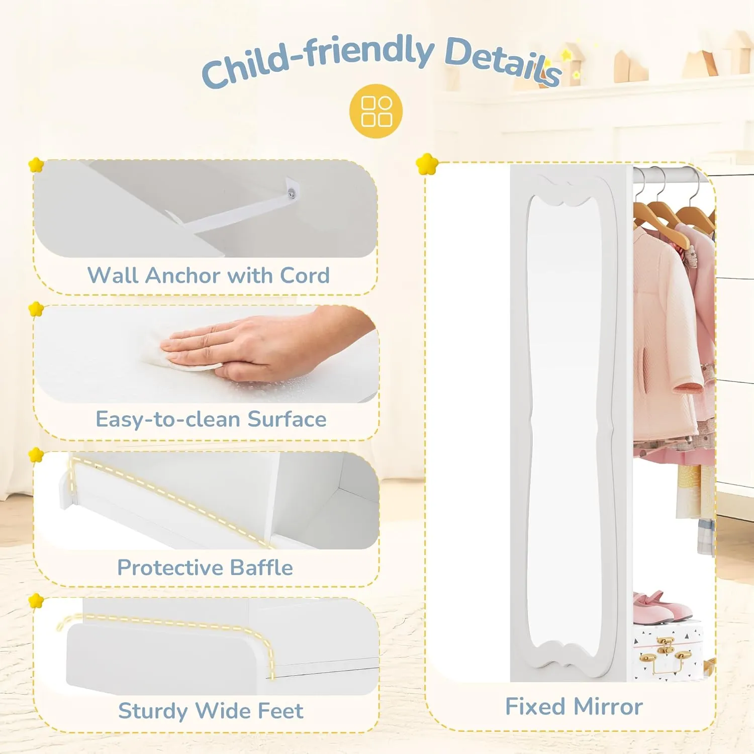 Kids Dress Up Storage with Flower Mirror, Open Hanging Closet Wardrobe for Children, Kids Armoire & Costume Organizer for Bedroom Playroom,White