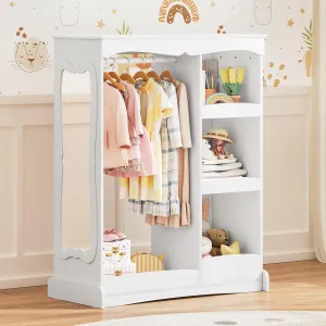 Kids Dress Up Storage with Flower Mirror, Open Hanging Closet Wardrobe for Children, Kids Armoire & Costume Organizer for Bedroom Playroom,White