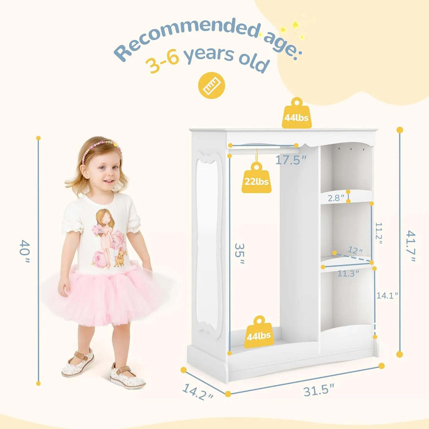 Kids Dress Up Storage with Flower Mirror, Open Hanging Closet Wardrobe for Children, Kids Armoire & Costume Organizer for Bedroom Playroom,White