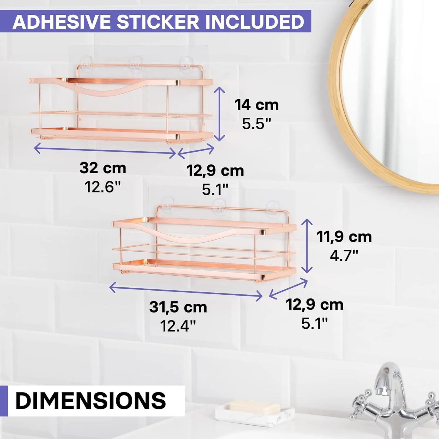 KINCMAX Shower Shelves 2-Pack - Premium Self Adhesive Shower Caddy w/ 4 Hooks - No Drill Large Capacity Stainless Steel Wall Shelf - Easy Mount Bathroom Organizer Racks - Rose Gold