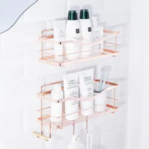 KINCMAX Shower Shelves 2-Pack - Premium Self Adhesive Shower Caddy w/ 4 Hooks - No Drill Large Capacity Stainless Steel Wall Shelf - Easy Mount Bathroom Organizer Racks - Rose Gold