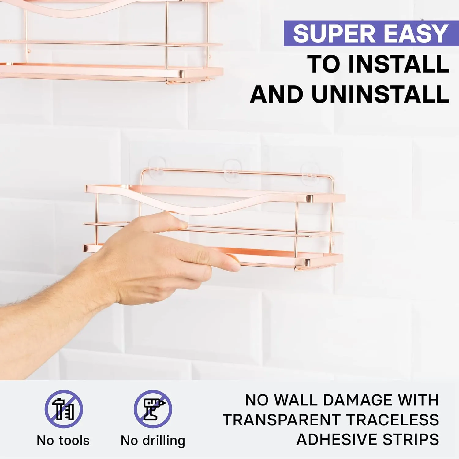 KINCMAX Shower Shelves 2-Pack - Premium Self Adhesive Shower Caddy w/ 4 Hooks - No Drill Large Capacity Stainless Steel Wall Shelf - Easy Mount Bathroom Organizer Racks - Rose Gold