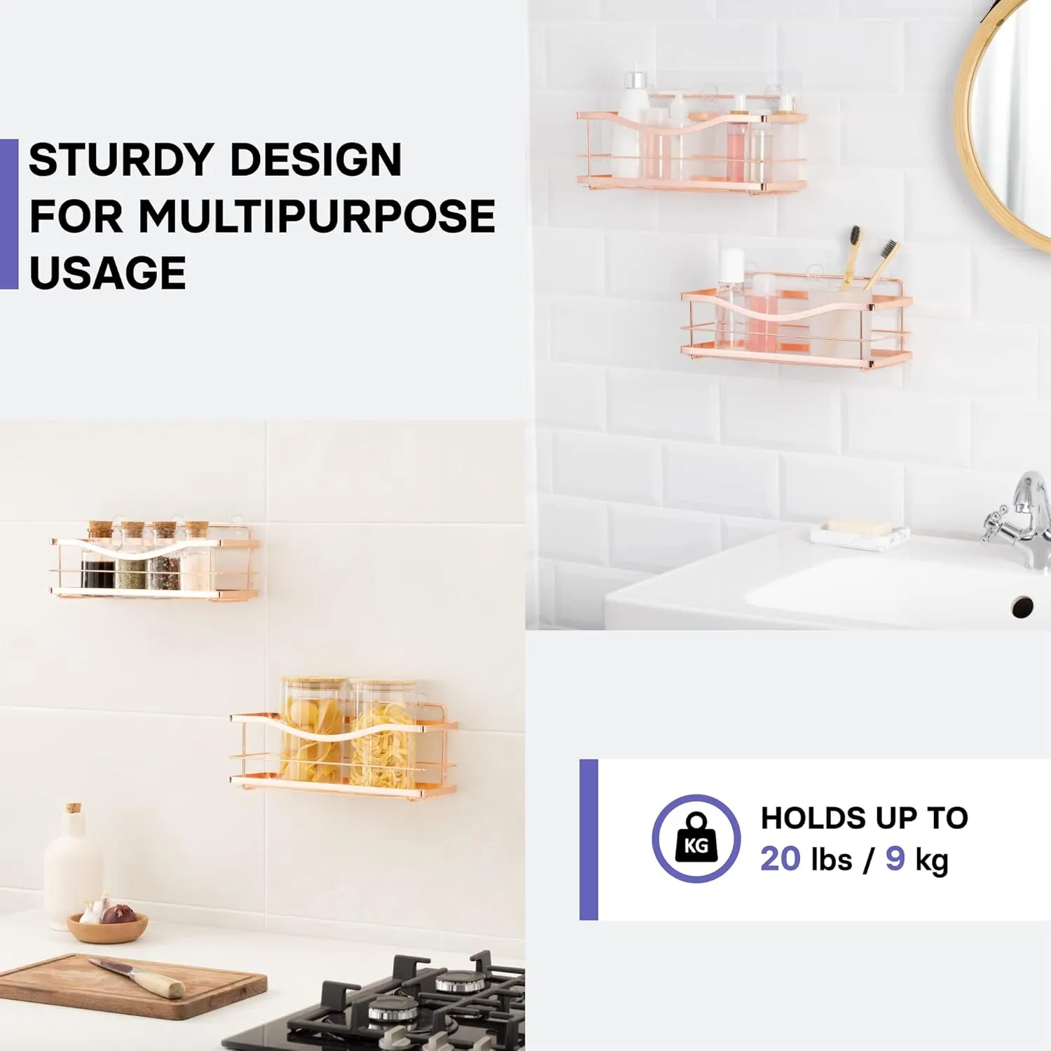 KINCMAX Shower Shelves 2-Pack - Premium Self Adhesive Shower Caddy w/ 4 Hooks - No Drill Large Capacity Stainless Steel Wall Shelf - Easy Mount Bathroom Organizer Racks - Rose Gold