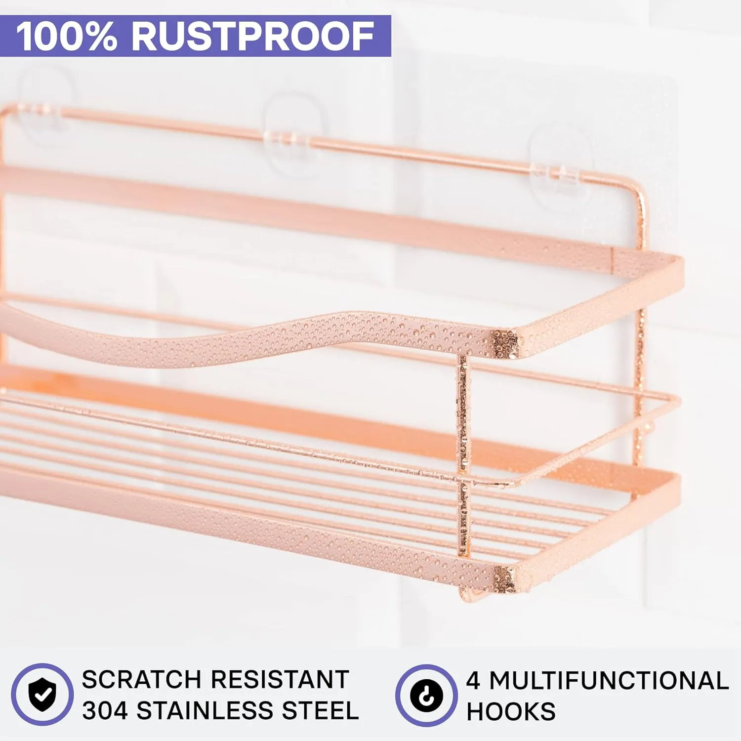 KINCMAX Shower Shelves 2-Pack - Premium Self Adhesive Shower Caddy w/ 4 Hooks - No Drill Large Capacity Stainless Steel Wall Shelf - Easy Mount Bathroom Organizer Racks - Rose Gold