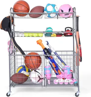 Kinghouse Garage Sports Equipment Organizer, Ball Storage Rack, Toy Storage, Nerf Gun Organization on Wheels for School, Garage, Black, Steel (Grey)