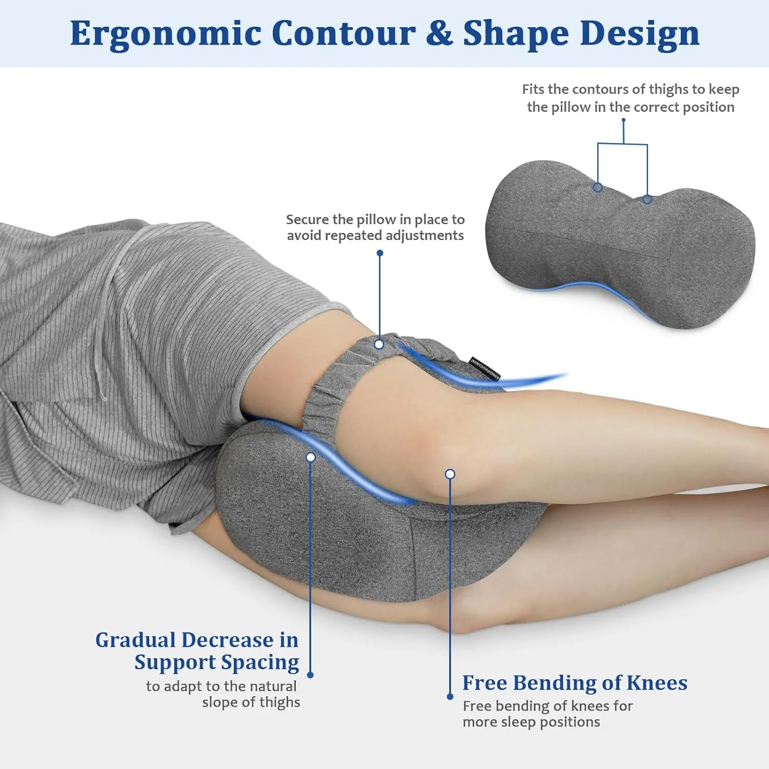 KingPavonini Cooling Knee Pillow for Side Sleepers Hip Pain, Memory Foam Leg Pillow for Side Sleeping with Strap, Ergonomic Hip Pillow for Spine Aligning, Back Pain, Knee Pain, Sciatica, Pregnancy