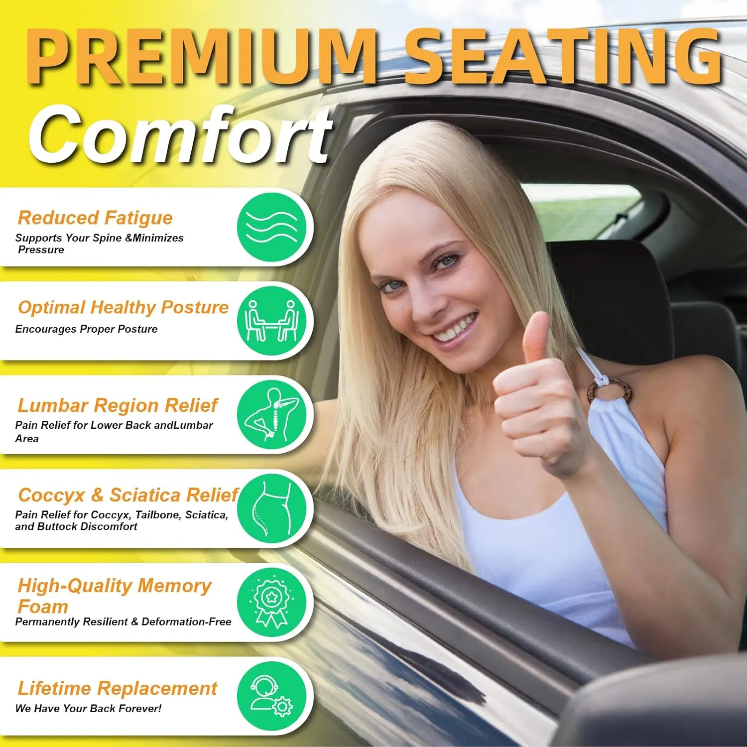kingphenix Car Seat Cushion with Back Support Pillow: Enhanced Comfort Memory Foam Design for Pain Relief, Ideal for Drivers and Office Use - Ergonomic Lumbar Comfort for Long Sitting - Brown