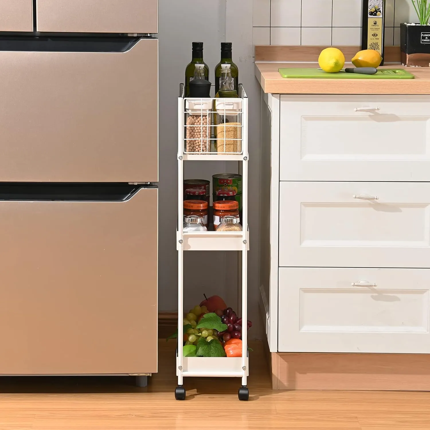 KINGRACK 3-Tier Rolling Utility Cart with Wheels, Metal Slim Storage Cart, Multifunctional Storage Organizer, Rolling Storage Cart for Kitchen, Office, Bathroom, Narrow Place, White