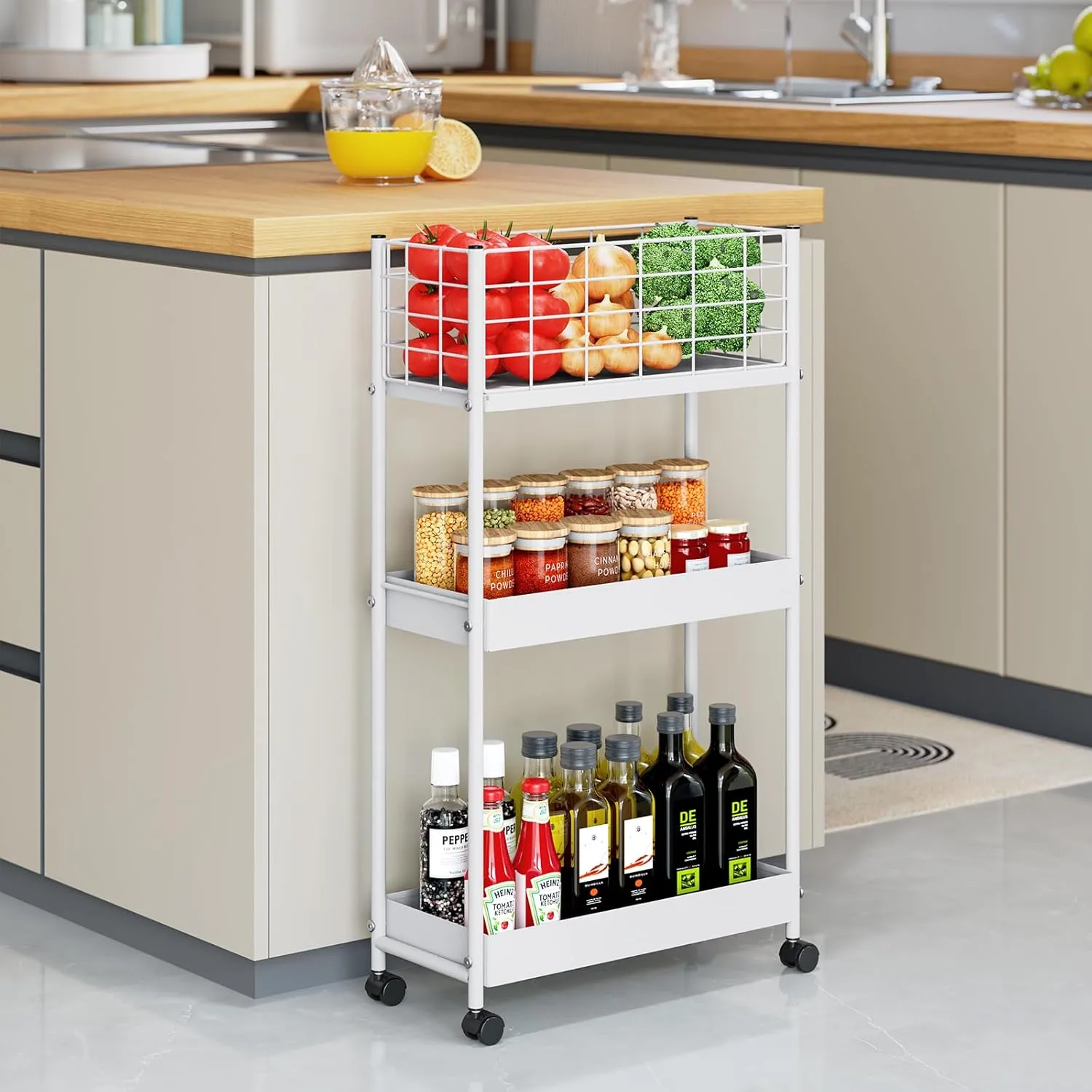 KINGRACK 3-Tier Rolling Utility Cart with Wheels, Metal Slim Storage Cart, Multifunctional Storage Organizer, Rolling Storage Cart for Kitchen, Office, Bathroom, Narrow Place, White