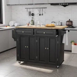 Kitchen Cart with Wood Top and Drop Leaf Breakfast Bar, Rolling Mobile Kitchen Island Table on Wheels with Drawer and Storage Cabinet, Spice Rack, Towel Rack, Black