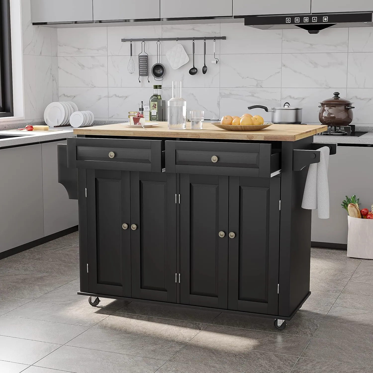 Kitchen Cart with Wood Top and Drop Leaf Breakfast Bar, Rolling Mobile Kitchen Island Table on Wheels with Drawer and Storage Cabinet, Spice Rack, Towel Rack, Black