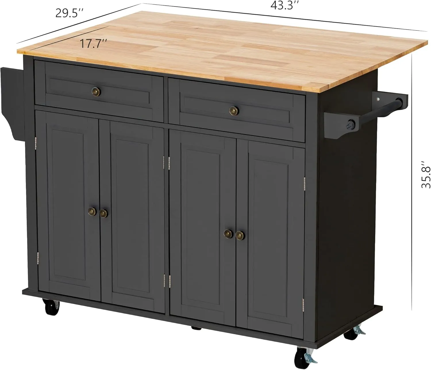 Kitchen Cart with Wood Top and Drop Leaf Breakfast Bar, Rolling Mobile Kitchen Island Table on Wheels with Drawer and Storage Cabinet, Spice Rack, Towel Rack, Black